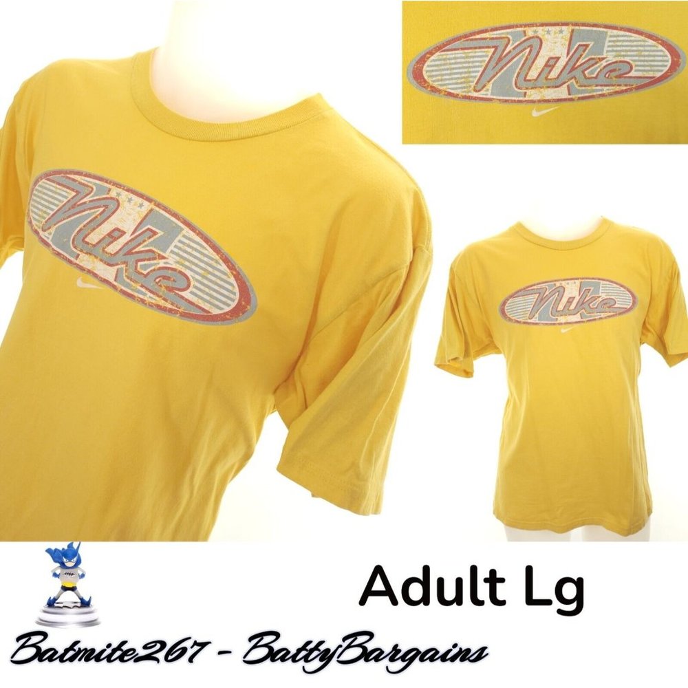 Vintage NIKE Retro Adult Mens L Yellow T Shirt 100% Cotton Logo Graphic Lg VTG